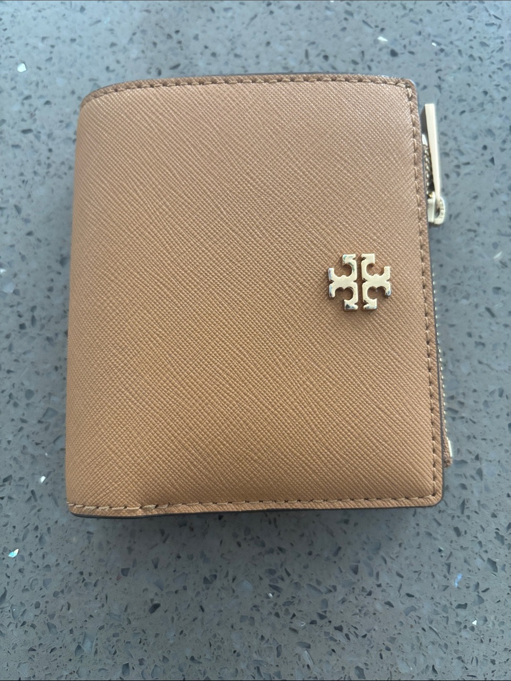 Tory Burch Camel Tan Saffiano Leather Card Holder with Gold Logo